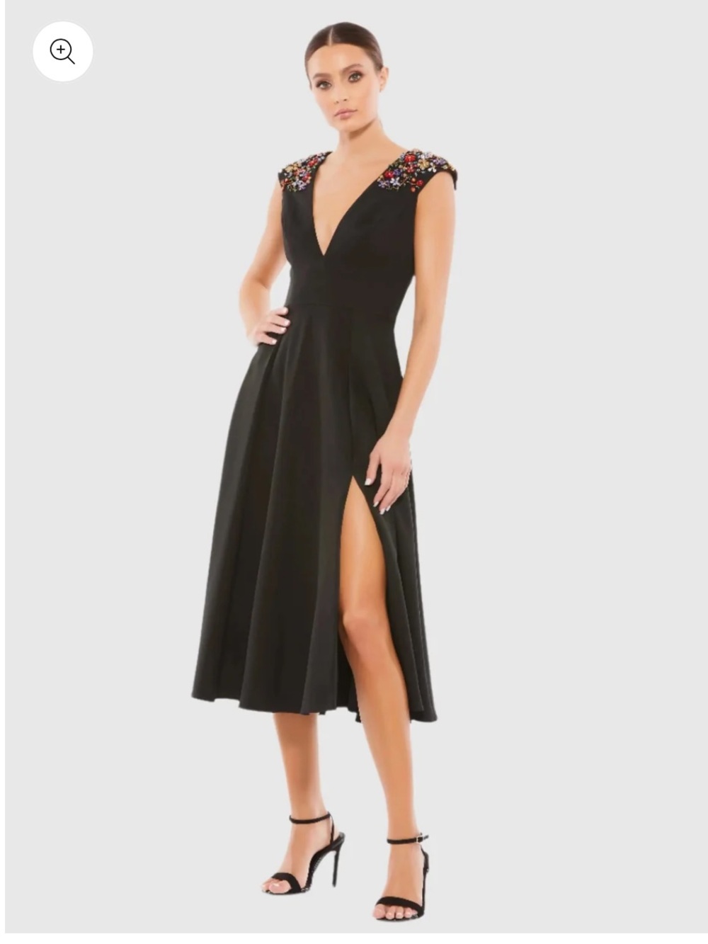 LIKE NEW! Mac Duggal Beaded Cap Cap Sleeve Midi Dress - size 14